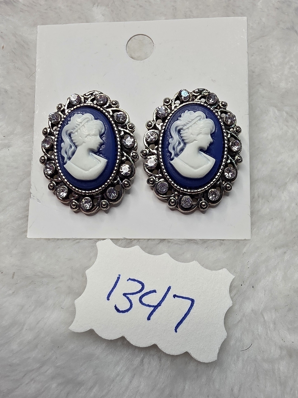 Classic Blue Cameo Stud Earrings with Crystal Halo